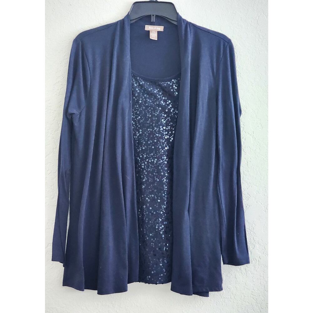 Top/Cardigan Attached Tank-White Stag-Navy Blue-Sequins-Long Sleeve-Size 12-14